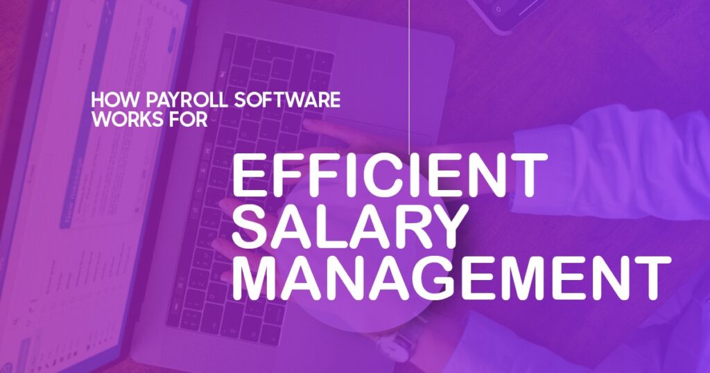 Overhead view of a person using a laptop with payroll software visuals, representing efficient salary management and payroll processing.